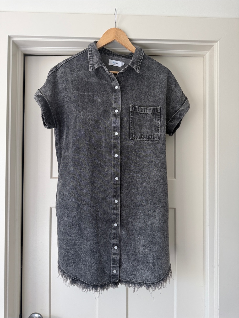 Washed Black Short-Sleeve Denim Shirt Dress